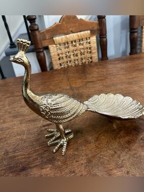 Vintage Gold Brass Peacock Trinket Dish MCM Jewelry Holder, 10x8.5x5 Inches
